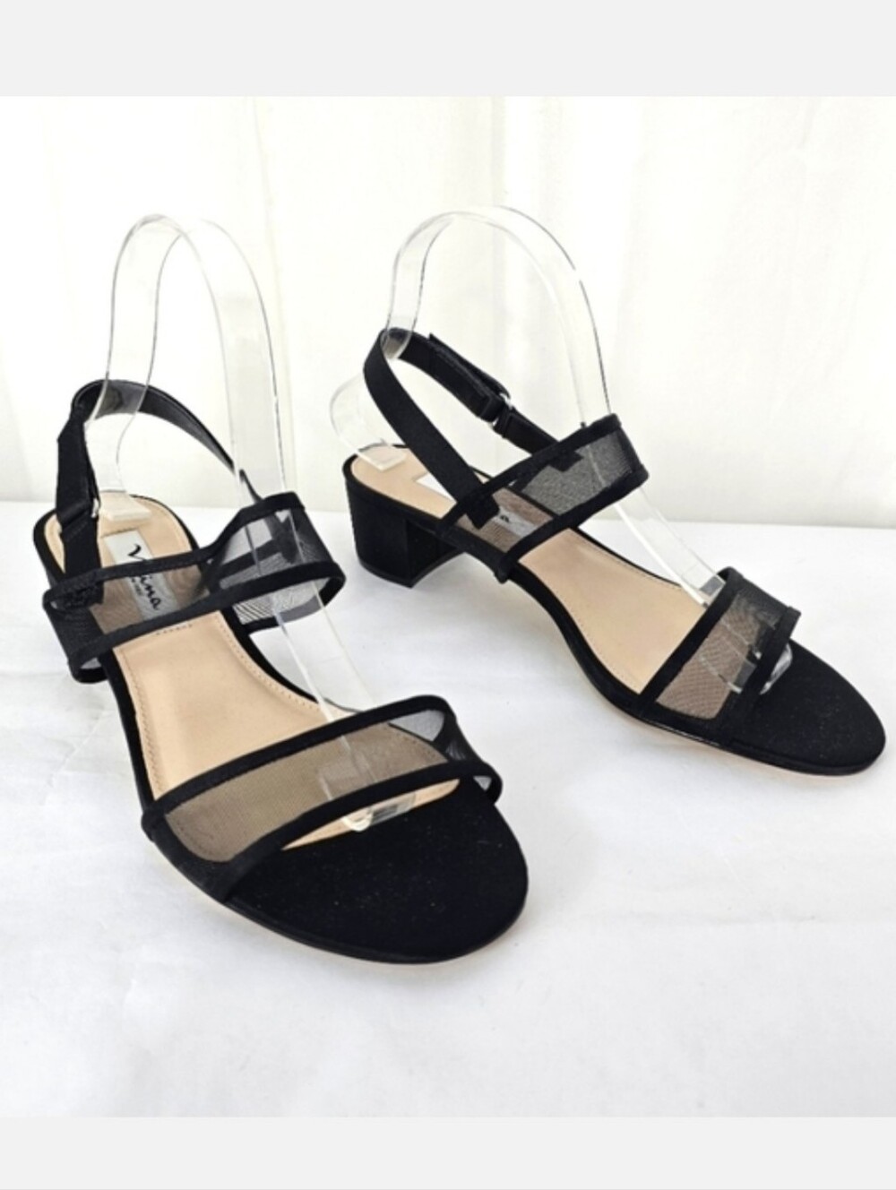 Nina Ganice Black mesh and satin low block heel hook and loop dressy sandal 8.5
